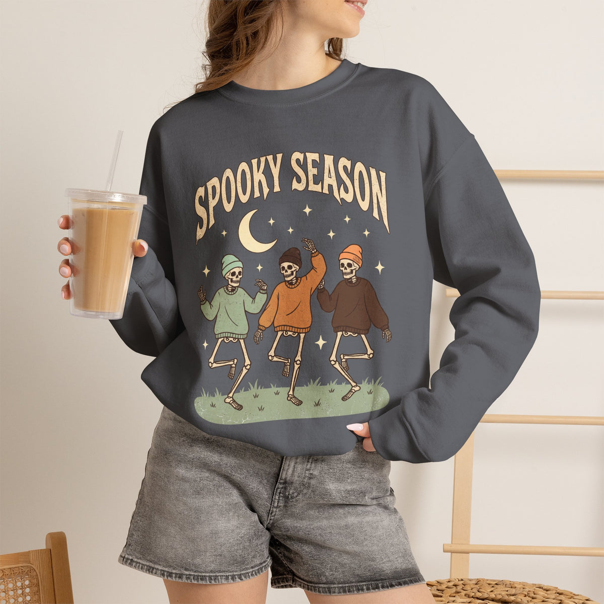 Spooky Season Crewneck Sweatshirt — Dancing Skeletons Halloween Pullover