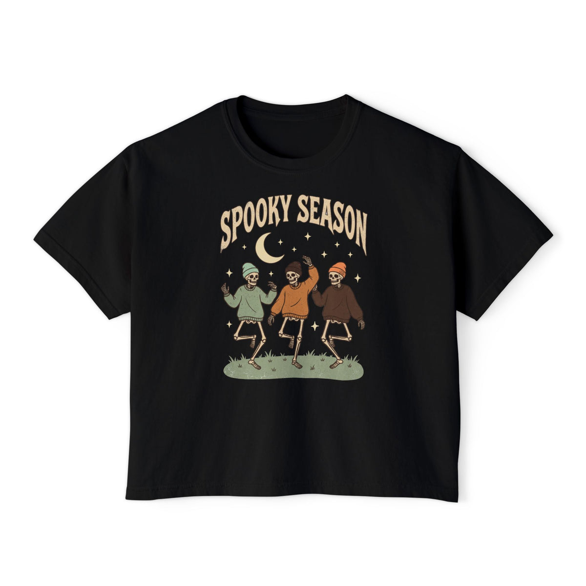Spooky Season Women’s Boxy Tee — Dancing Skeletons Halloween Shirt