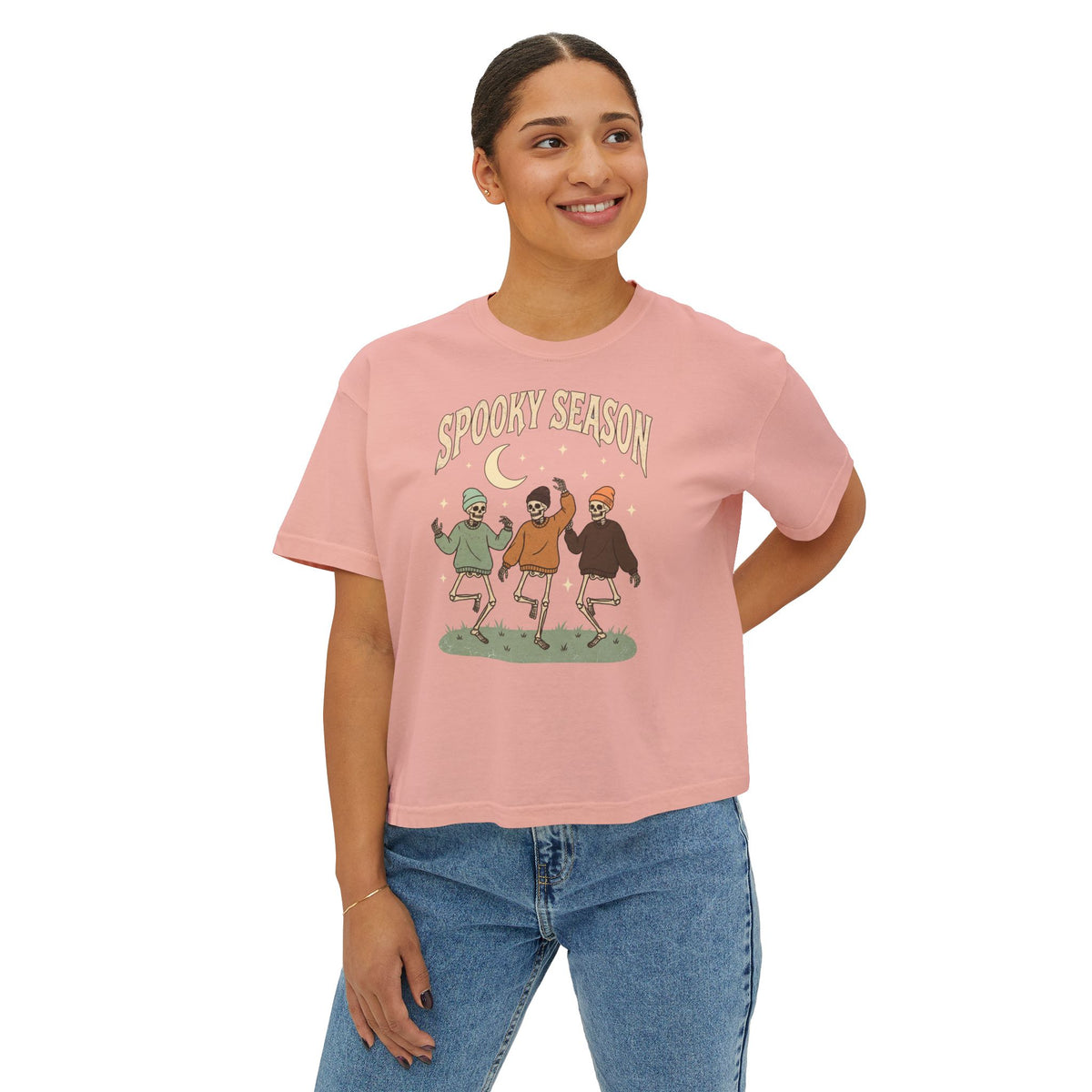 Spooky Season Women’s Boxy Tee — Dancing Skeletons Halloween Shirt