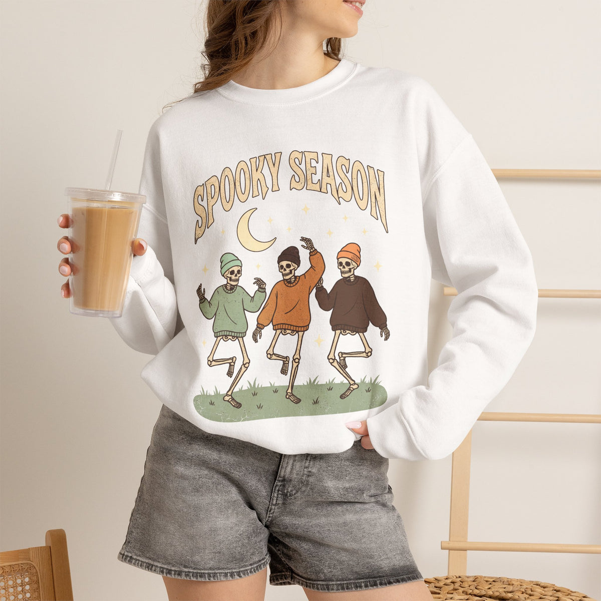 Spooky Season Crewneck Sweatshirt — Dancing Skeletons Halloween Pullover
