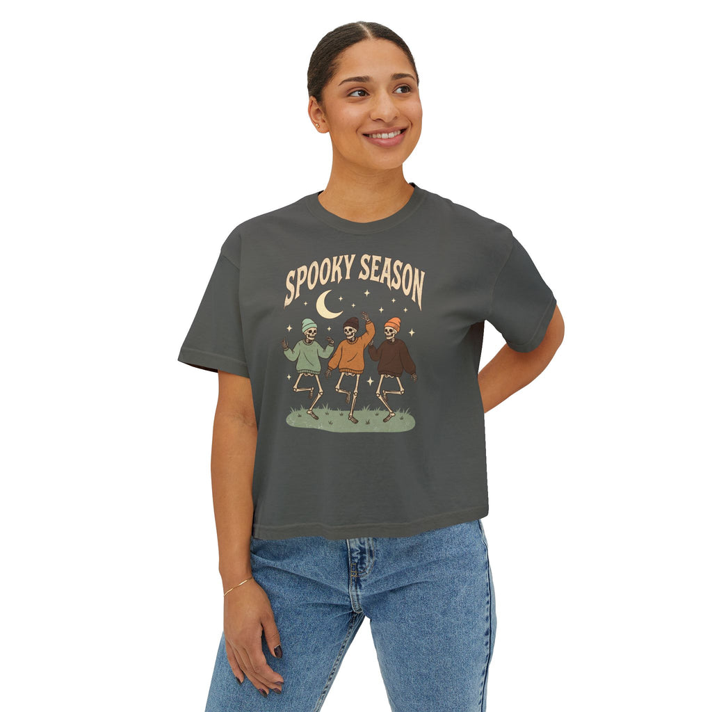 Spooky Season Women’s Boxy Tee — Dancing Skeletons Halloween Shirt