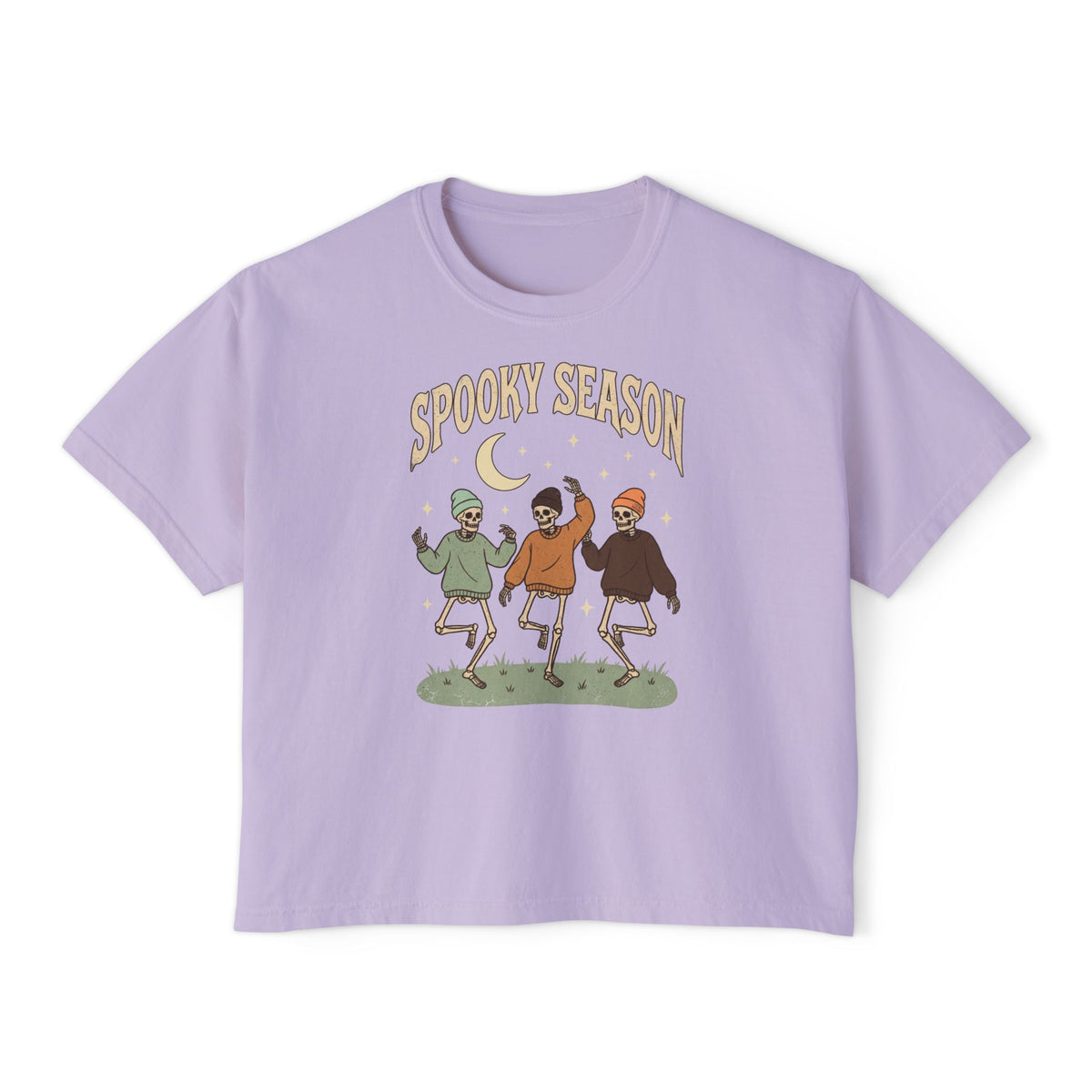 Spooky Season Women’s Boxy Tee — Dancing Skeletons Halloween Shirt