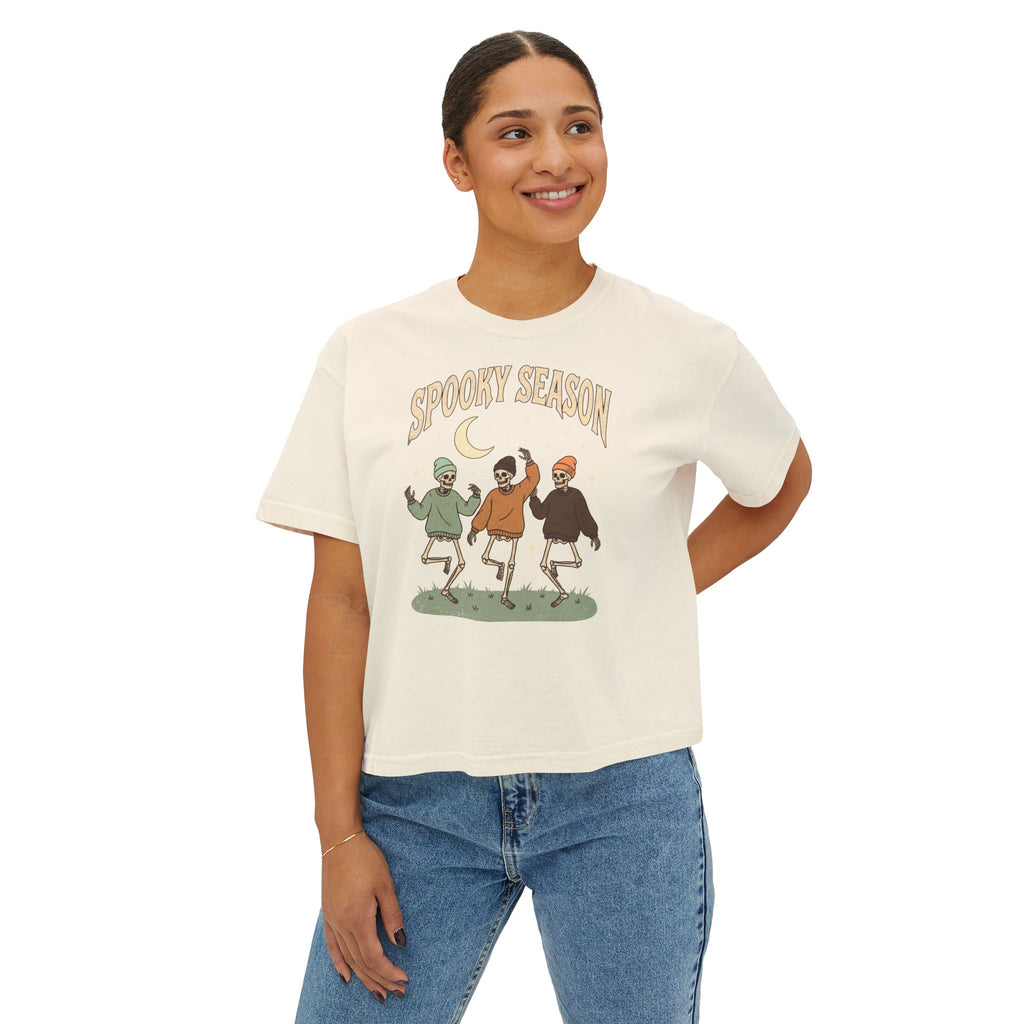 Spooky Season Women’s Boxy Tee — Dancing Skeletons Halloween Shirt