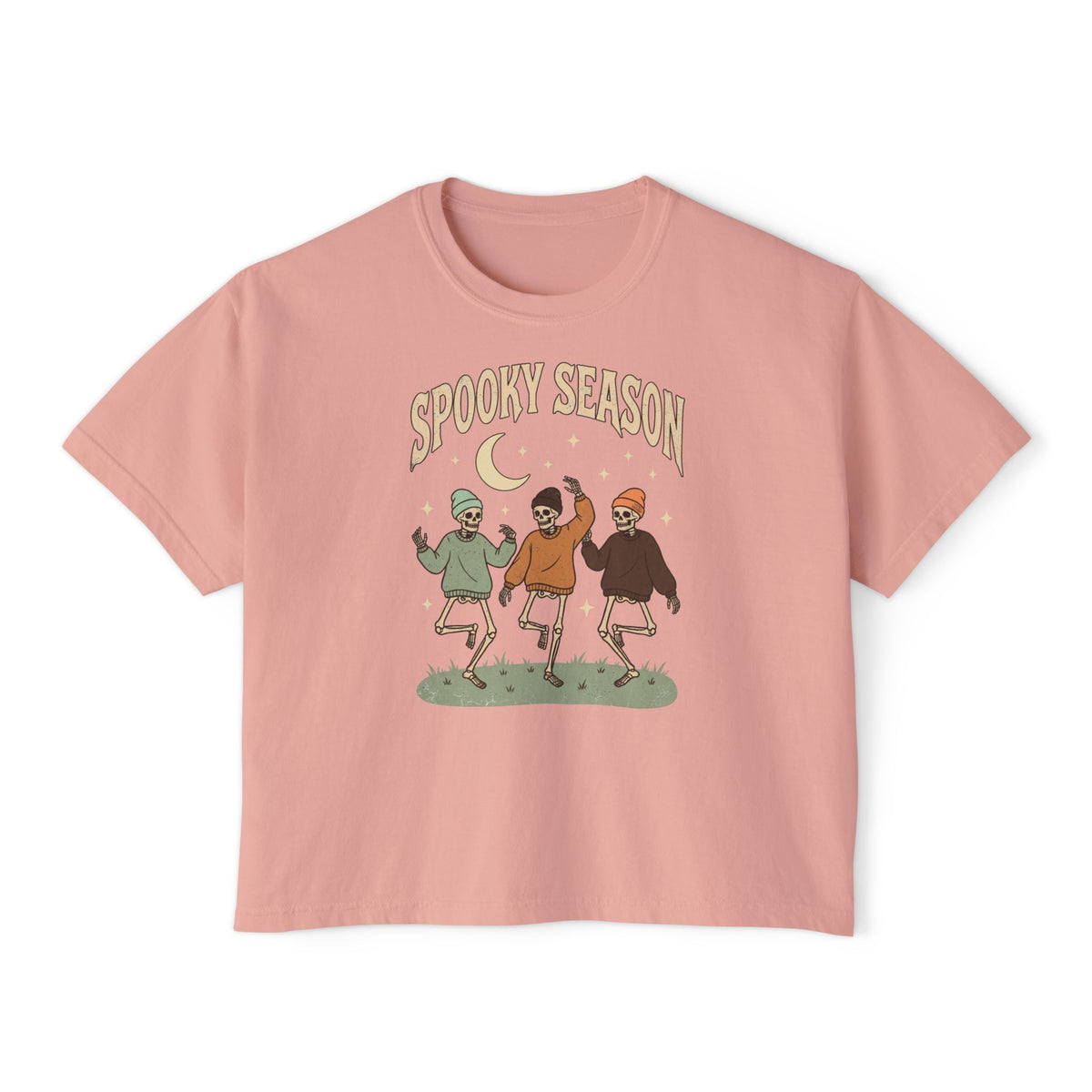 Spooky Season Women’s Boxy Tee — Dancing Skeletons Halloween Shirt