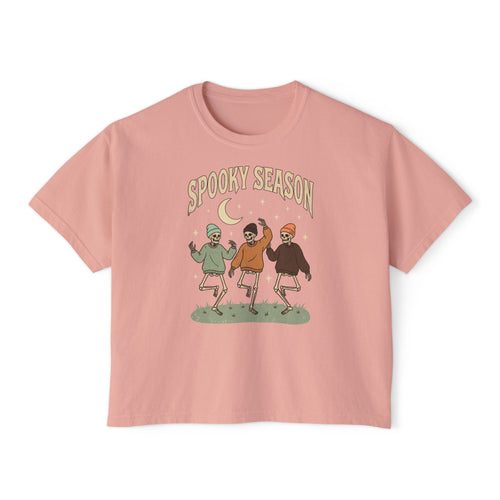 Spooky Season Women’s Boxy Tee — Dancing Skeletons Halloween Shirt