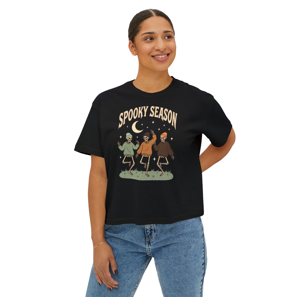 Spooky Season Women’s Boxy Tee — Dancing Skeletons Halloween Shirt