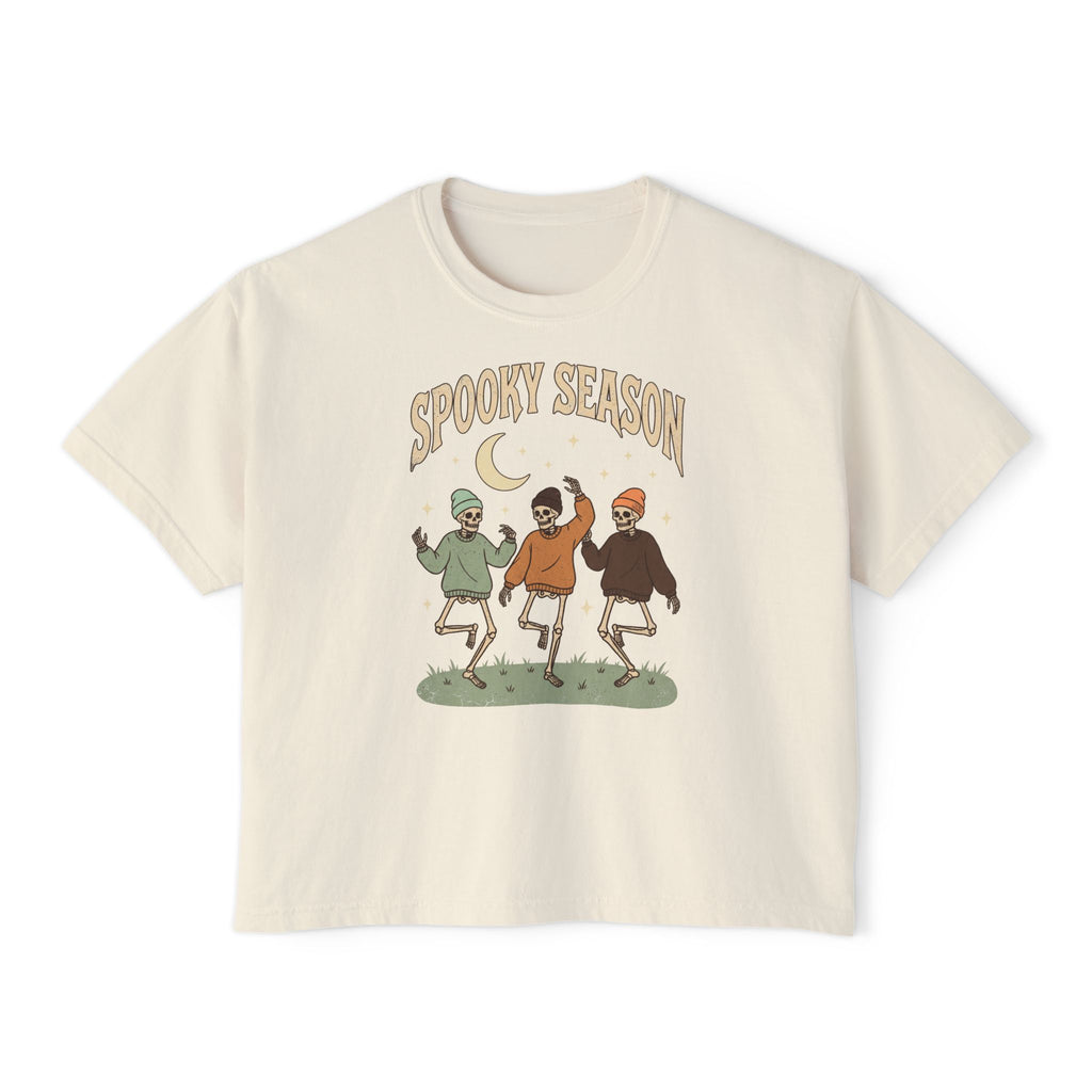 Spooky Season Women’s Boxy Tee — Dancing Skeletons Halloween Shirt
