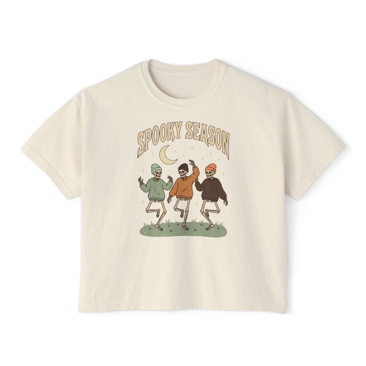 Spooky Season Women’s Boxy Tee — Dancing Skeletons Halloween Shirt