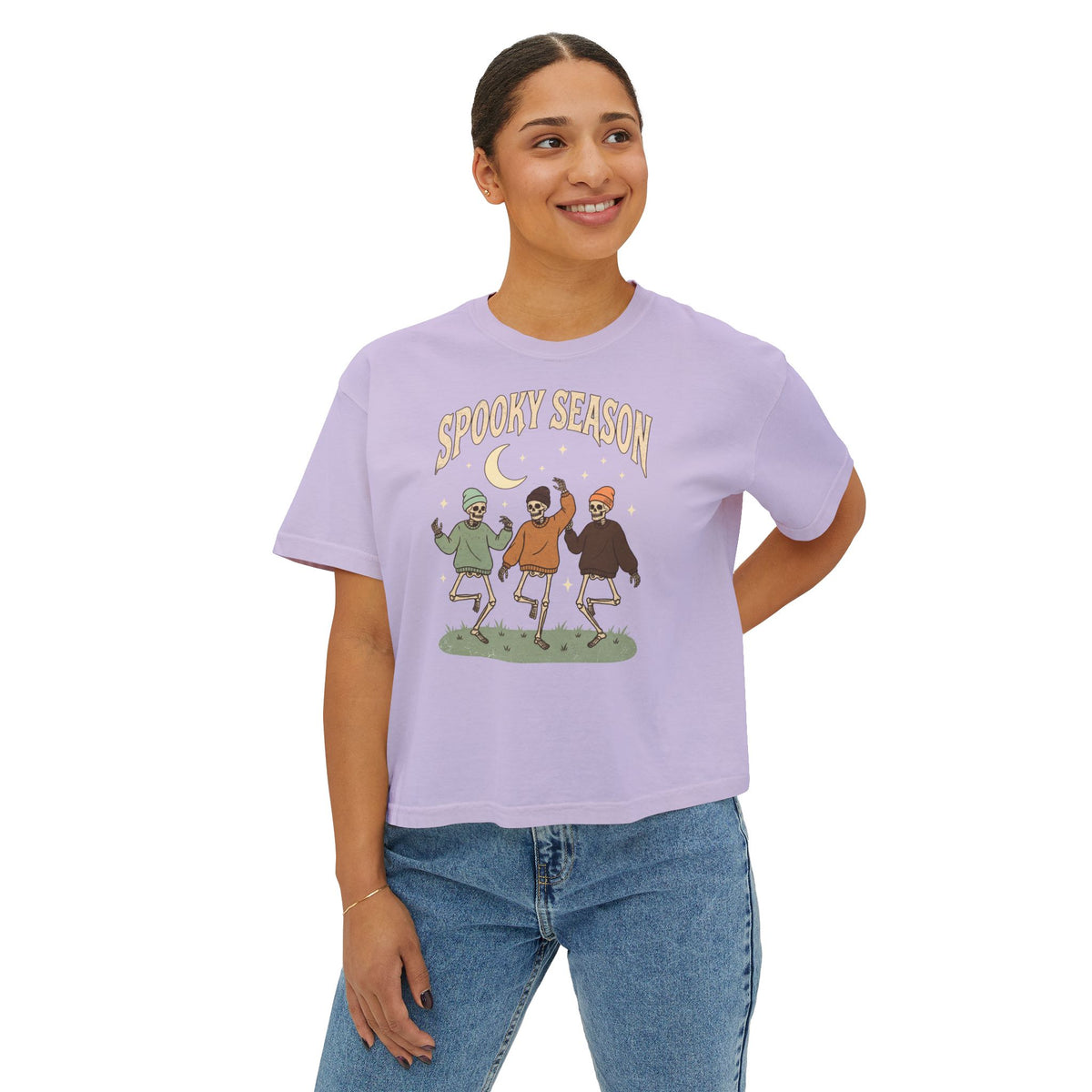 Spooky Season Women’s Boxy Tee — Dancing Skeletons Halloween Shirt