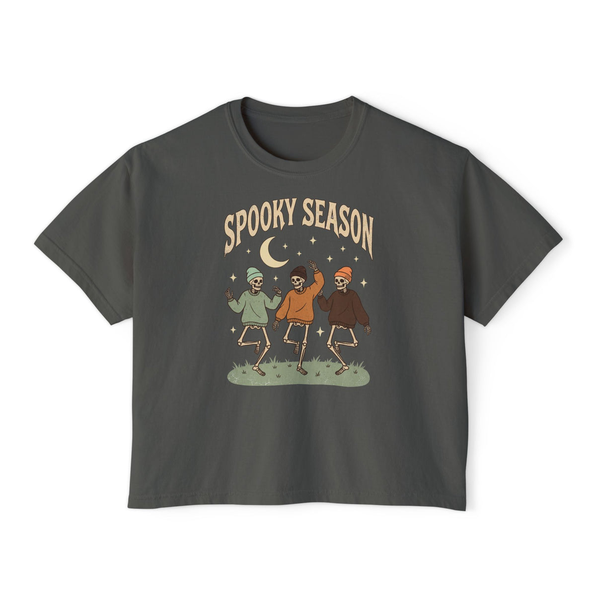 Spooky Season Women’s Boxy Tee — Dancing Skeletons Halloween Shirt